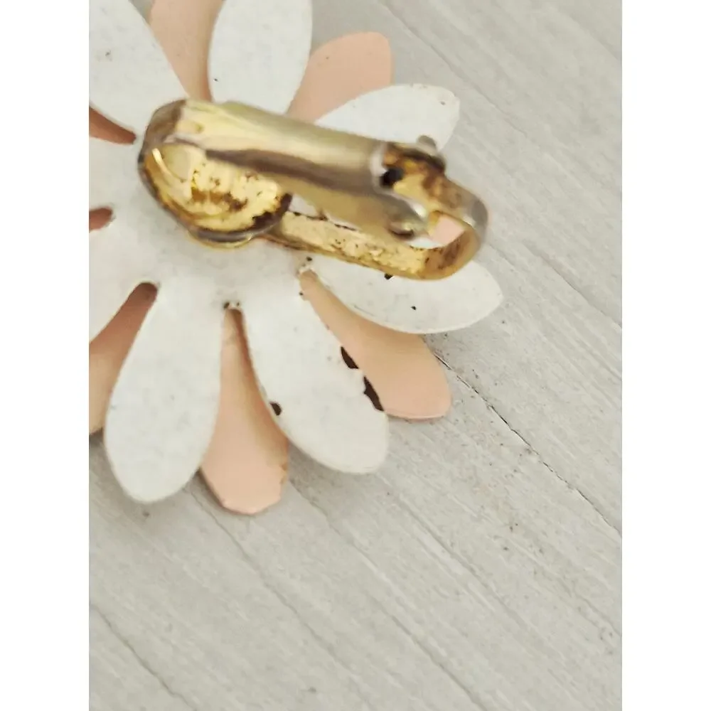 Blush Pink and White Layered Enamel Metal Flower Brooch and Earring Set